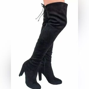 NEW BELLA MARIE FAUX SUEDE THIGH HIGH 4” HEEL BLACK BOOTS SZ 9